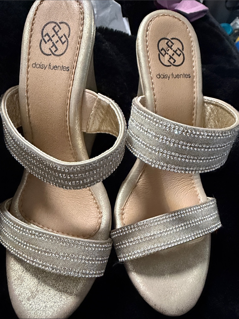 Daisy Fuentes Champagne Gold Rhinestone Double-Strap Slide Heels